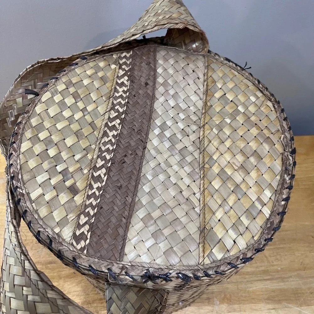 Vtg Hand Woven Pandanus Leaf Basket Lid Handle Lined Boho Tropical Tribal Decor‎